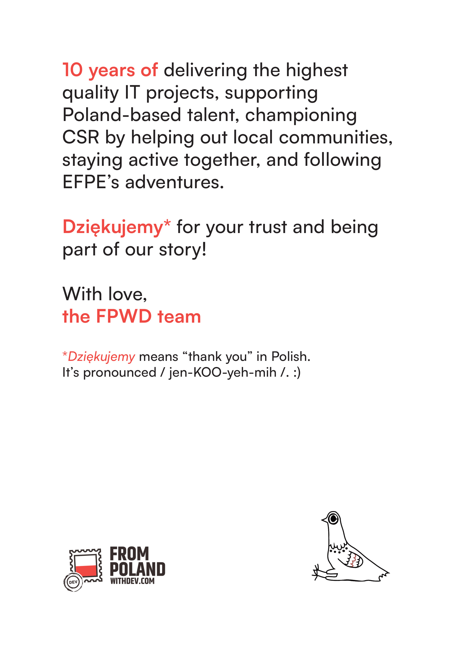 Thank you from the From Poland With Dev team — anniversary card, page 2